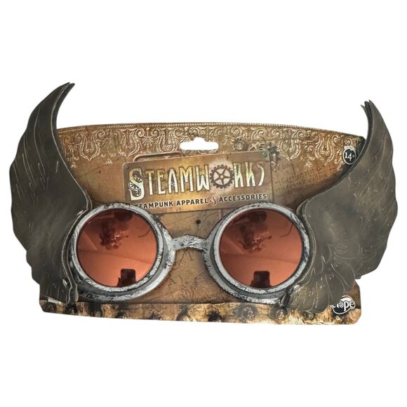 Steamworks Steampunk Bronze Wing Silver Motorcycle Goggles Orange Lens - Picture 1 of 2